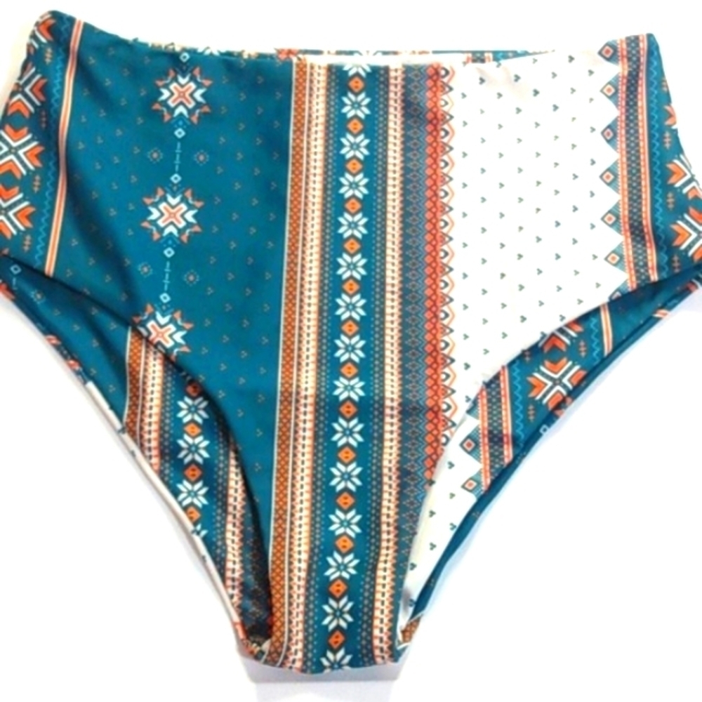 GEOMETRIC TEAL BLUE & ORANGE HIGH WAIST BIKINI BOTTOMS SIZE SMALL NWOT